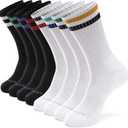 MONFOOT Men's/Women's 4-8 Pairs Athletic Cushion Crew Socks, Multipack (Medium, 05 [Stripe] White(4), Black(4)_retro)