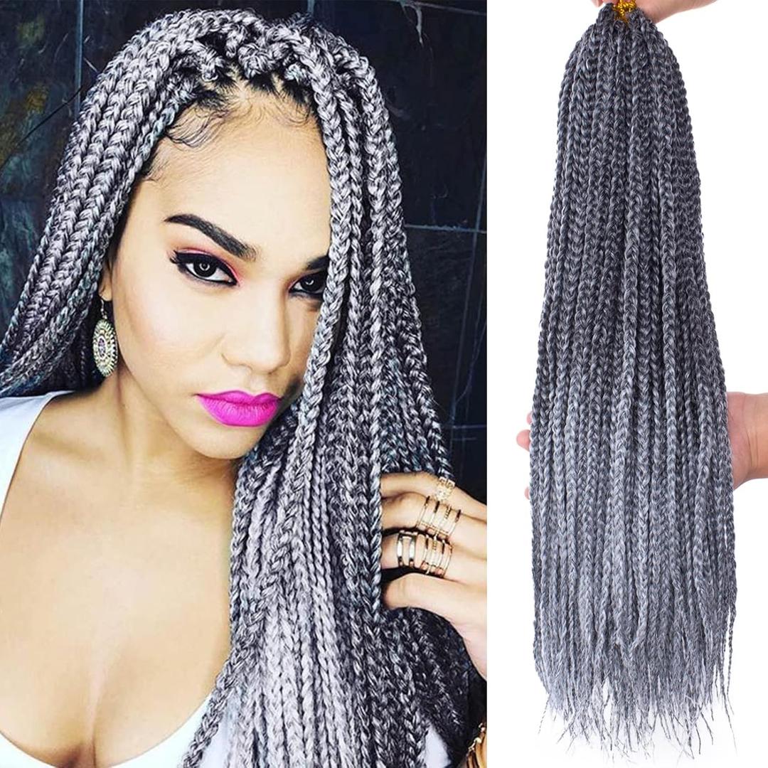 Xtrend 8 Packs 18 Inch Box Braids Crochet Hair 144 Strands Pre-looped Medium Bohemian Braids Hair Black Grey Synthetic Braiding Hair Extension for Women (1BGrey#)