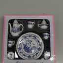 Dollhouse 1:6 Porcelain Tea Cup Sets 8 Pcs Set Miniature Ceramics Dollhouse Accessories Flower Pattern Teapot Platter Dish Sets Dollhouse Kitchen Supplies Decoration (Blue)