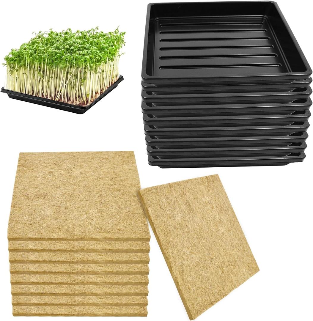 9Set Microgreens Growing Mat with Tray, Microgreen Growing Kit 1010 Wheatgrass Seed Sprouting Starter Mat Hemp Fiber Grow Tray Hydroponic Jute Pads Indoor Organic Production for Germination Sprouts
