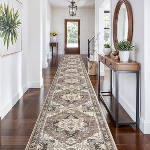 Washable 3x25 Long Hallway Runner - Non-Slip Stain Resistant Kitchen Rug Distressed Mats Low Plie Soft Ultra Thin Room Floor Carpet for Living Room Dining Room(Beige,3x25)