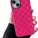 Compatible with iPhone 15 Case, Cute Aesthetic Fashion Colorful Checkered Cover for Women, Shockproof Slim Soft TPU and Hard PC Protective Phone Case for iPhone 15 6.1"- Hot Pink