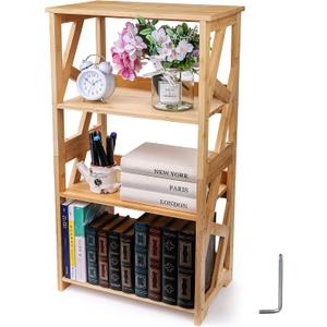 Hedume Bookcase, 3-Tier Open Shelf Bookcase, Small Bamboo Bookshelf, Bamboo Natural Shelving, Book Organizer Storage Open Shelf Rack, Display Shelves for Bedroom, Living Room, Office, Bathroom