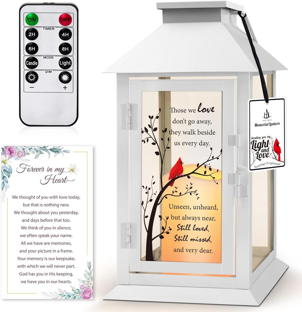 Memorial Lantern Bereavement Gifts in Memory of Loved One - Remembrance Sympathy Gifts for Loss of Mother or Father with LED Candle and Remote (Those We Love Dont Go Away White)