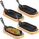 4 Pcs Cast Iron Fajita Skillet Pan Set Sizzling Steak Plate with Wooden Base and Removable Handle Cast Iron Grill Frying Pan for Home Restaurant Kitchen Cooking (8.66 x 4.33 Inch)