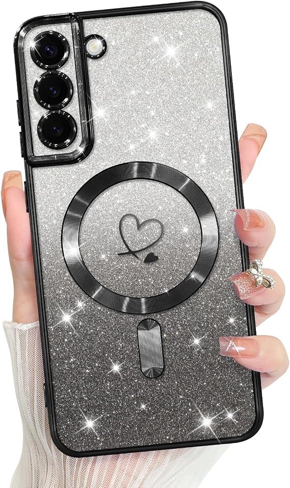 Bonoma Compatible with Samsung Galaxy S21 Plus Case Support for MagSafe, Plating Heart Glitter Magnetic Case TPU Camera Protection Back Cover for Phone Case -Black
