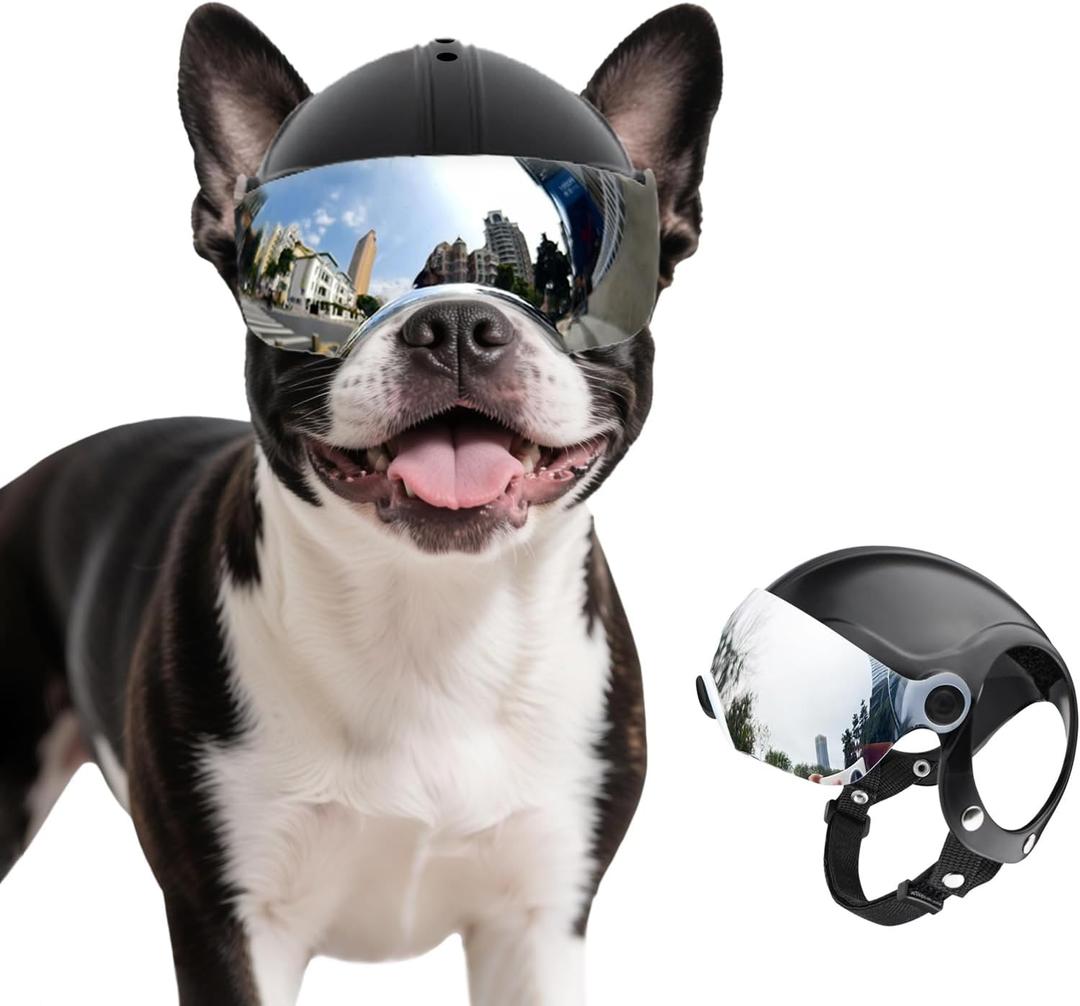 Dog Helmet for Small-Medium Breed Pet Motorcycle Helmet with Anti-UV Silver Visor, Protects Eyes & Head from Impact, Ideal for Riding & Halloween Cosplay