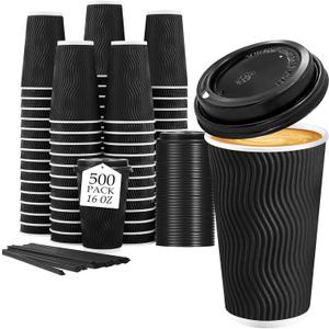 Lamosi 16 oz Disposable Coffee Cups with Lids, 500 Pack Insulated Hot Cups To Go Paper Coffee Cups with Lids and Straws, Corrugated Ripple Wall Cup for Hot Drink, Office, Coffee Bar (Black)