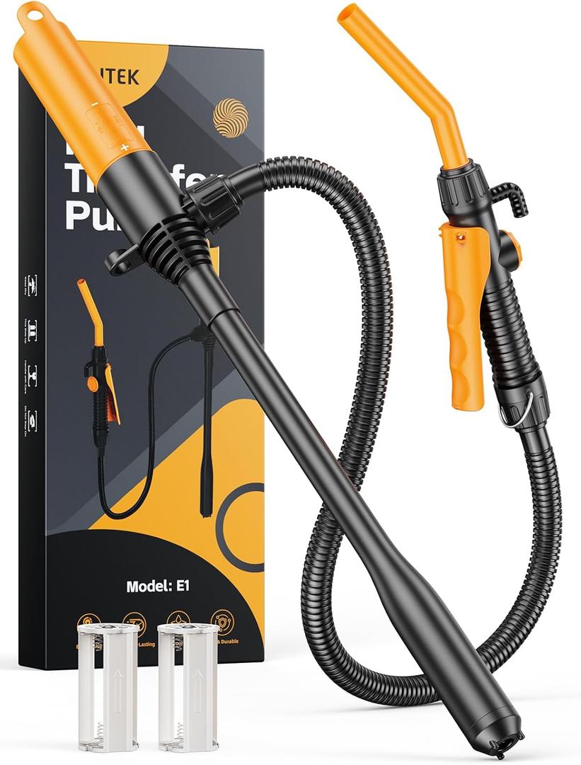 E1 Fuel Transfer Pump Battery Powered 2.6GMP Portable Siphon Pump with Controlled Flow & Leak-Proof 59-Inches Hose for Gasoline Gas Diesel Water