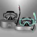 Snorkel Set Pano 3 Window Adult Snorkeling Gear, Professional Snorkel Goggles Anti-Fog Diving Mask, Anti-Leak Swim Goggles and Dry Top Snorkel for Diving, Snorkeling, Swimming (Black+Aqua 2 PACK)