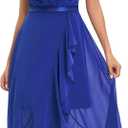 Womens V-Neck Lace Short Sleeve Bridesmaid Dress Chiffon A-line Ruffle Hem Split Wedding Party Midi Dress (Blue, XL)