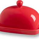 Sweejar Ceramic Butter Dish with Lid for Countertop,Porcelain Butter Keeper with Knob Handle,Butter Container for East/West Coast Butter, 7.3*4.1 inches (Red), L