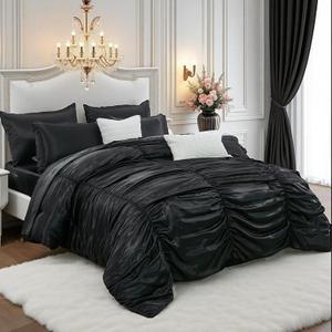 Bedorm Black Satin Comforter Set 9 Pcs Queen Size Ruched Bedding Set Pintuck Pinch Pleat Silky Bedding Comforter Luxury Black Bed in A Bag with Comforter, Sheeet Set, Pillowcases & Cushion Cover