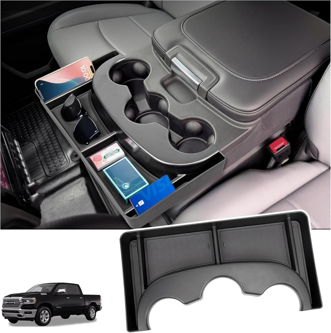 Center Console Cup Holder Organizer Compatible with 2013-2024 Dodge RAM 1500/1500 Classic, 2013-2026 RAM 2500/3500 Accessories, Cup Holder Front Storage Box Tray (Fit 3-Cup Holder Jump Seat)