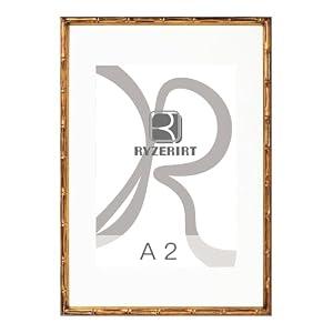 RYZERIRT Vintage Bronze Gold Picture Frame A2, 16.5X23.5 Inch Ornate Antique Photo Frames with Matting A3, Retro Carving, Bamboo Boho Natural Wood Hanging Wall Classical 01