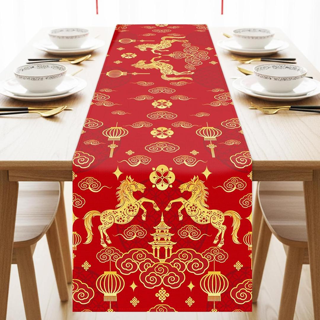 Red Gold Happy Chinese New Year Table Runner Zodiac Horse Lunar New Year Decorations 2026 for Spring Festival, Washable Dining Table Decor Placemats for Home Party Kitchen Celebration 13x90 Inch