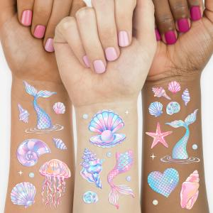 xo, Fetti 88 Mermaid Temporary Tattoos - 2 Sheets | Under the Sea Party, Pastel Ocean, Iridescent, Pool Party, Kids Birthday, Mermaidcore