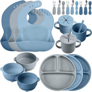 Yinder 24 Pack Silicone Baby Feeding Set Baby LED Weaning Supplies Includes Suction Divided Plates Soft Bowl Spoons Forks Adjustable Bib Snack Cup and Straws(Dark Blue, Gray Blue, Smoky Gray)