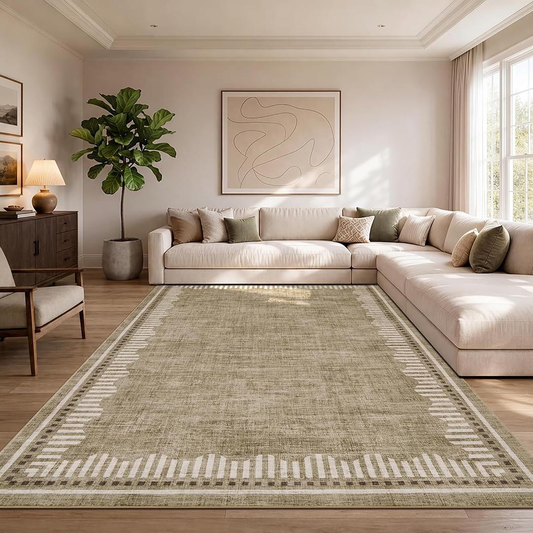 Garvee 8x10 Washable Living Room Area Rug Scalloped Neutral Non Slip Rugs