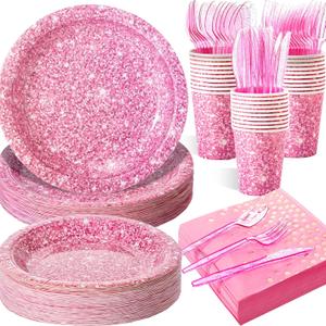 Hushee 175 Pcs Pink Holographic Print Party Disposable Dinnerware Set Include 50 Pcs Paper Plates, 25 Napkins, 25 Cups, 25 Plastic Forks, 25 Knives, and 25 Spoons for Guest Holiday Wedding Birthday