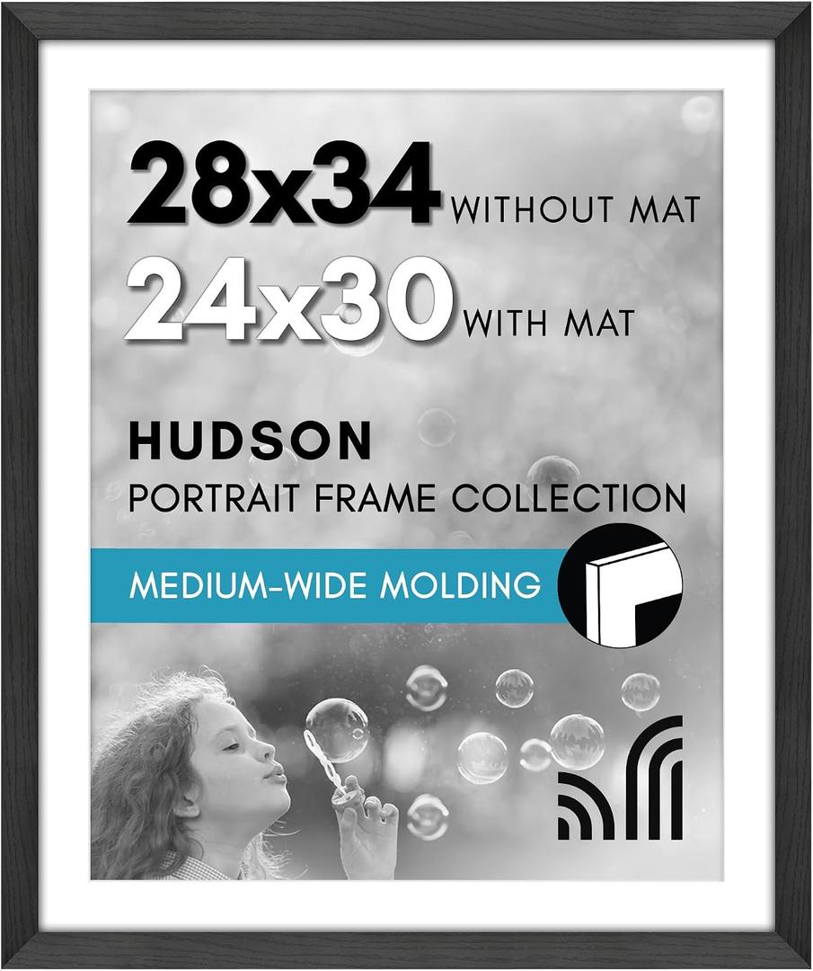 Americanflat 28x34 Poster Frame with Polished Plexiglass - Use as 24x30 Frame with Mat or Display 28x34 Photo Without Mat - Hudson Collection - Wide Picture Frames for Wall Display - Black