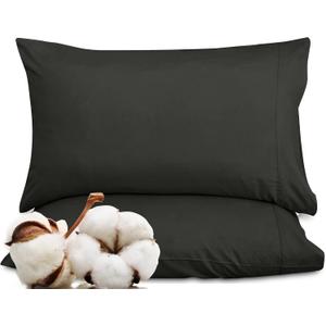 ROYALE LINENS 300 Thread Count 100% Long Staple Combed Cotton Pillowcases Set of 2 - Ultra Soft - Queen Bed Pillow Cover - 20"x30" - Breathable, Cool & Crisp Percale Black Pillow Cases (Queen, Black)
