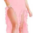 Women Summer Elegant Strapless Tube Midi Bodycon Dresses Irregular Ruffle Tassel Party Dress, Small, Pink