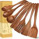 All Wood Cooking Utensils, Wooden Spoons for Cooking, 7 Piece Wood Kitchen Utensil Set, Non Toxic Teak Wood Spatula Spoon Turner, Heat Resistant Ladle, Salad Fork and Scraper for Cookware