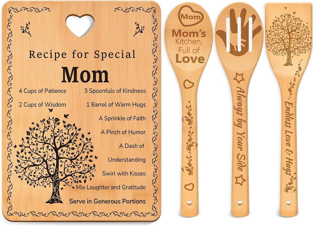Recipe for Special Mom Gift Set, Bamboo Cutting Board with Engraved Utensils, Mother's Day Gifts for Mom, Unique Birthday Gift from Daughter for New Moms, Mother in Law, Bonus Mama