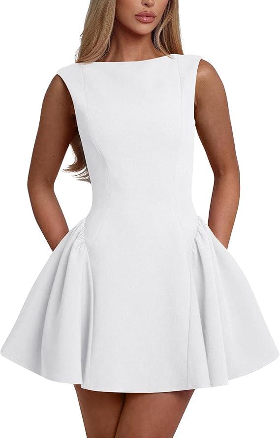YMDUCH Women's Summer Sleeveless Crew Neck Backless A-line Mini Party Prom Dress, Size: XL