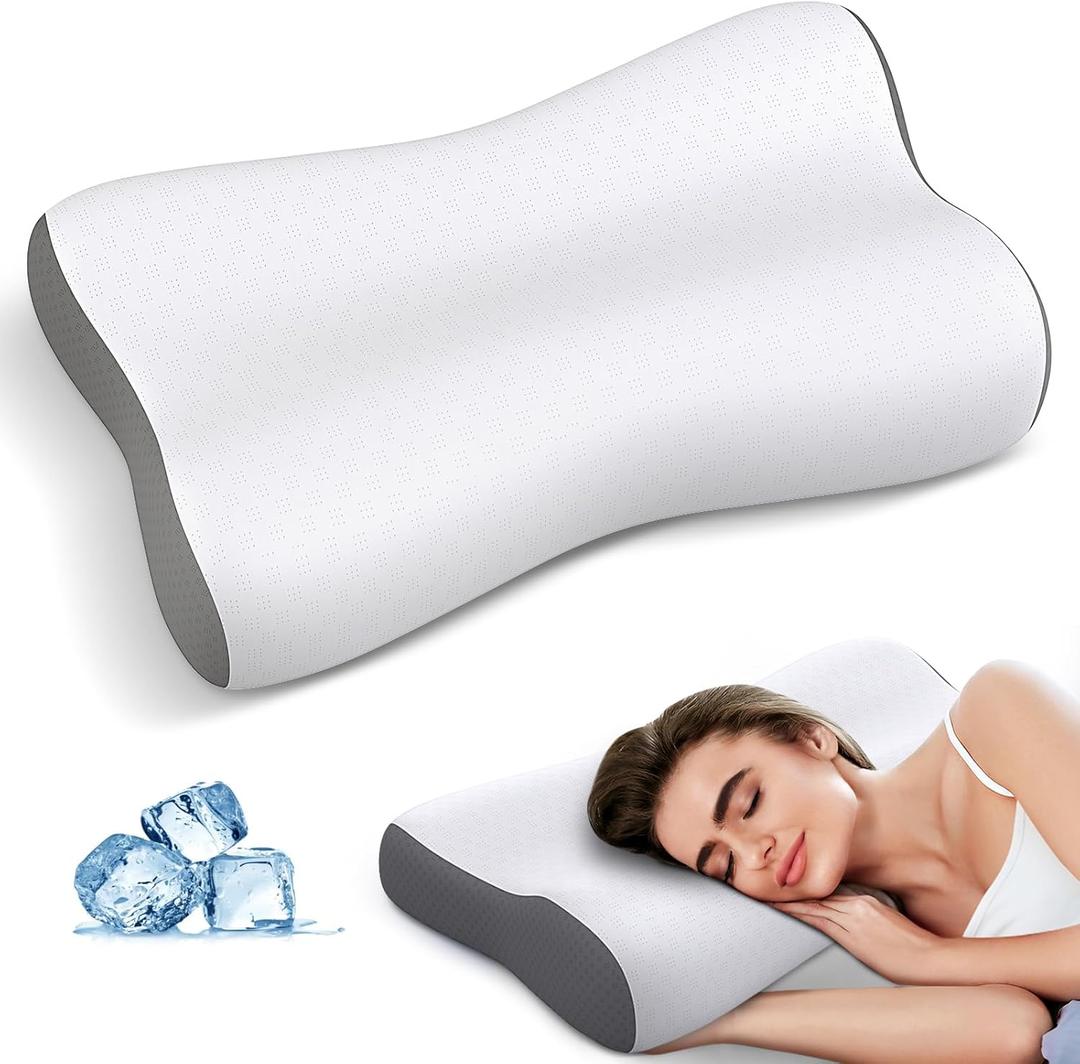 Cervical Neck Pillow for Pain Relief, Contour Memory Foam Pillows for Sleeping, Ergonomic Pillow Orthopedic Cooling Pillow Bed Pillow Neck Support for Side Back Stomach Sleepers (White & Grey)