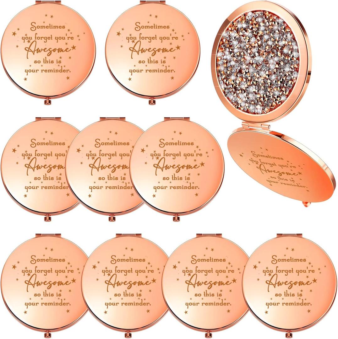Roowest 10 Pcs Inspirational Compact Mirror Sometimes You Forget You're Awesome Appreciation Gifts for Women Employee Coworker Friends Birthday Party Favors Magnifying Pocket Mirror (Rose Gold)