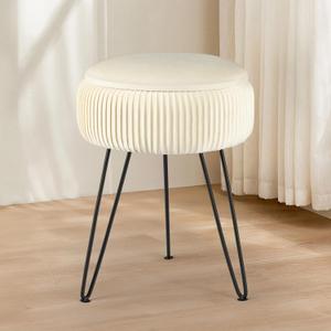 Velvet Vanity Stool with Storage, Round Ottoman Vanity Chairs with Anti-Slip Feet, Dressing Table Seat Foot Stool with Black Legs, Furry Padded Seat Side Table for Makeup Bedroom, White, 1 Pack