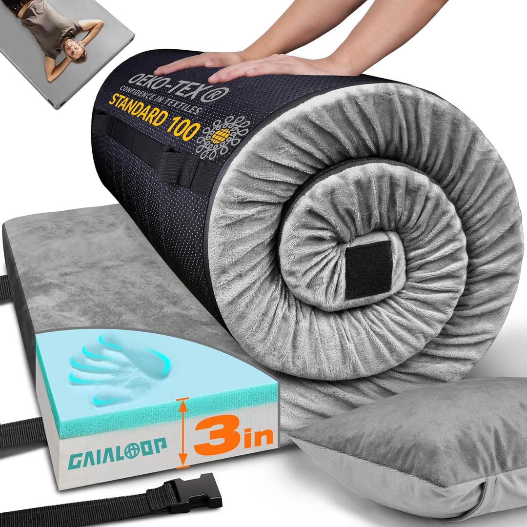 GAIALOOP 3 Inch Memory Foam Camping Mattress, Dual Layer Thick Sleeping Camp Pad for Car Tent Cot, Roll-Up Portable Glamping Floor Bed for Guests Sleepover, Space Gray, Twin XL: 80*38*3"