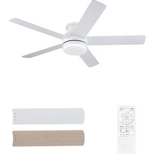 52 Inch White Ceiling Fan With Lights Flush Mount Dimmable 3 Color Temperatures LED Remote Control 6 Speed Reversible DC Motor 5 Blades Modern Ceiling Fan Design for Indoor or Covered Outdoor