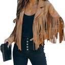 CHARTOU Casual Faux Leather Jacket Women Motorcycle Jacket Fringe Cropped Jacket Utility Tassel Suede Moto Jacket (XX-Large, Camel)