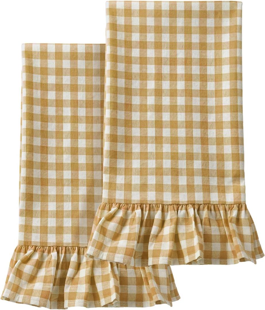 HunnmingRe Yellow Kitchen Towels Set of 2, 100% Cotton Ruffled Gingham Dish Towels 18"x28" Tea Cloths Classic Plaid Pattern for Farmhouse Charm, Drying Dishes, Entertaining Guests