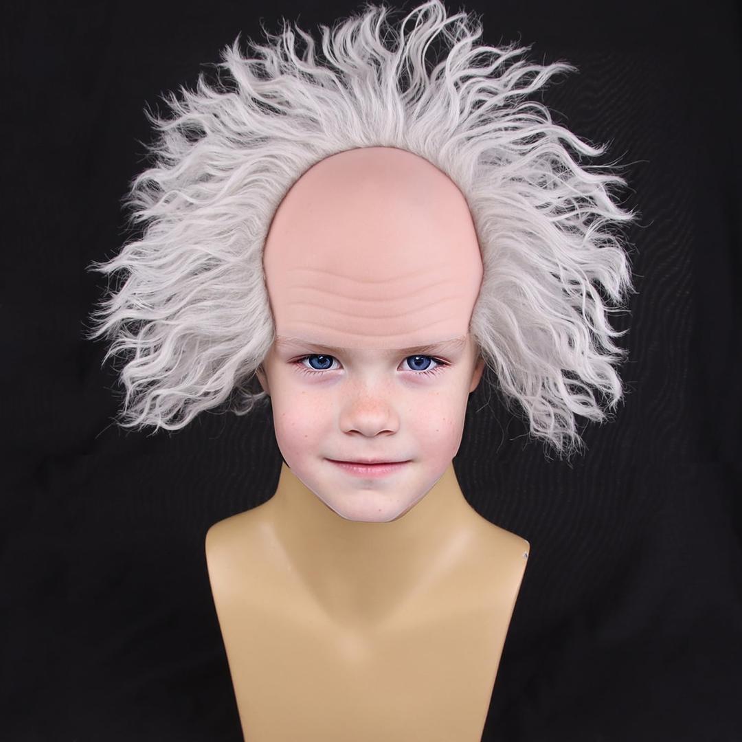 Kids Grey Wig with Bald Cap Boys Short Curly Wig Fluffy Wavy Child Gray Wigs Old Man Cosplay Costume Halloween Wigs