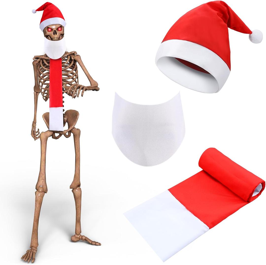 3 Pcs 12 ft Skeleton Outfits Accessories Skeleton Santa Hat and Scarf Beard Set 12ft Christmas Skeletons Costume Set (Red and White)