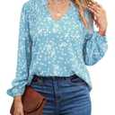 BLENCOT Boho Floral Print Chiffon Blouses for Women Smocked V Neck Long Sleeve Loose Tops Shirts Light Blue XL (Blue, XL)