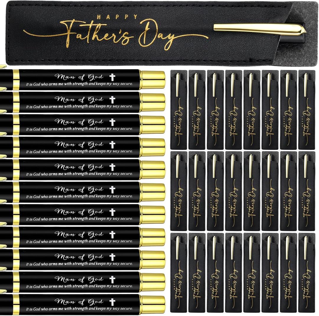25 Sets Fathers Day Man of God Church Gifts Christian Bible Verse Pens with Leather Pen Holder Sleeve Inspirational Quotes Religious Pen for Men Church Office Faith Based Gifts
