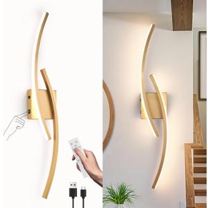 Battery Operated Wall Sconce,Gold Wall Sconces with Remote Control,3000K-6000K Modern LED Wireless Wall Light for Living Room, Hallway, Bedroom, 39.3 Inch (Rechargeable)