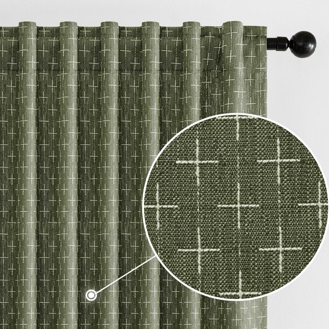 MIULEE Decorative Back Tab Linen Curtains with Geometric Pattern for Living Room Bedroom Farmhouse Rustic Thick Woven Textured Patterned Mudcloth Drapes 84 Inches Long 2 Panels Set, Olive Green