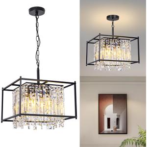 Modern Black Crystal Chandeliers, 16" Dining Room Chandelier, Adjustable Height,Luxury Ceiling Pendant Light Fixture for Entryway Foyer Kitchen Island Bedroom Living Room Hallway Modern Black Crystal Chandeliers, 16" Dining Room Chandelier, Adjustable Height,Luxury Ceiling Pendant Light Fixture for Entryway Foyer Kitchen Island Bedroom Living Room Hallway