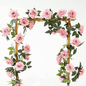 dallisten 2 Strands 73'' Artificial Silk Rose Flower Vines Garland, Fake Pink Roses Floral Green Leaves Hanging Plant for Wedding Arrangement Decoration, Wall, Party, Bedroom, Home Decor (Pink)