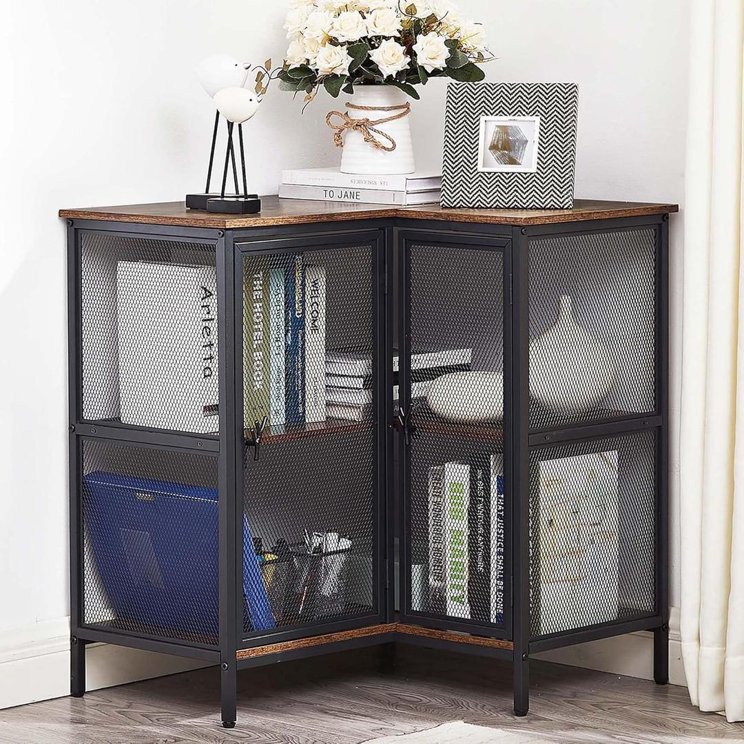 VECELO 3 Tier Corner Storage Cabinet with Metal Mesh Doors, Short Corner TV Stand Shelf for Compact Space, Living Room, Kitchen, Home Office, Brown