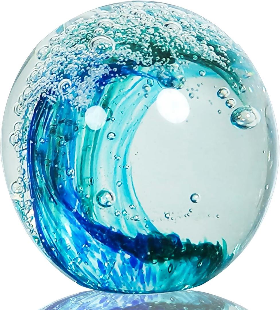 Hand Blown Ocean Wave Glass Ball Unique Gift for Beach LoversBeach Decorations for Home, Sea Glass Paperweight for Coastal Room Decor, Aquarium & Ocean Themed Decorations (Blue)