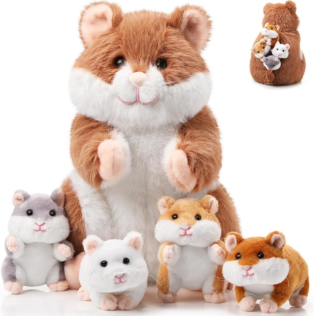 Deekin 5 Pcs Hamster Stuffed Animal Set 4 Inch Hamster Mommy with 4 Cuddly Plush Babies in Belly Valentine Cute Plush Toys Gifts for Kids Birthday Valentine Party Decor