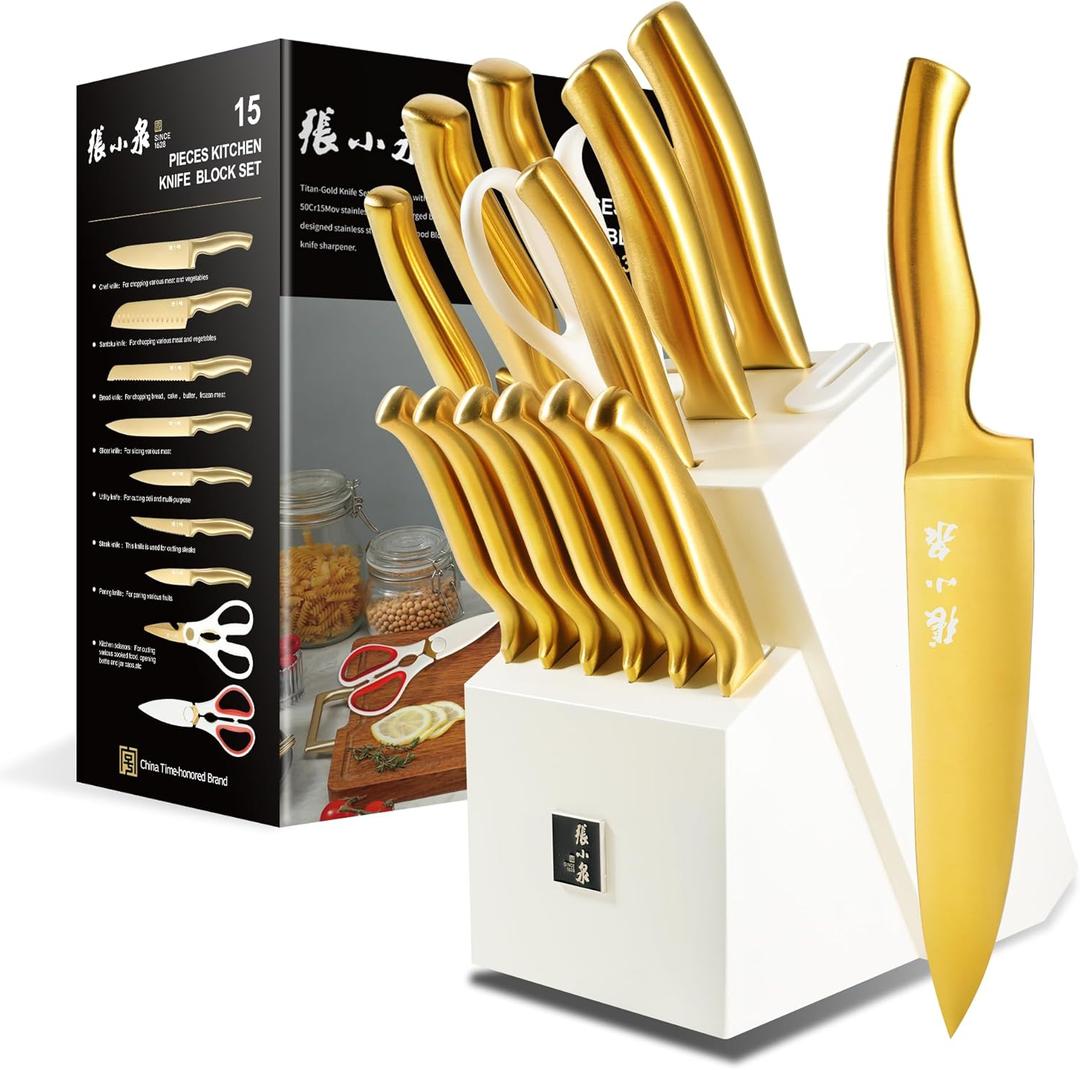 ZHANG XIAO QUAN Gold Knife Set with White Block, High Carbon Stainless Steel Knife Set, Razor-Sharp and Durable, Hundreds of Years of Masterful(15Pcs)