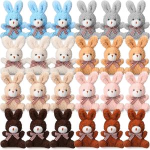 Sotiff 24 Pcs Plush Bunny Stuffed Animal Gift Bulk 4.7 Inch Mini Bunnies Keychain Doll Furry Rabbit with Bow Tie for Birthday Baby Shower Party Favor Classroom Rewards(Light Color)